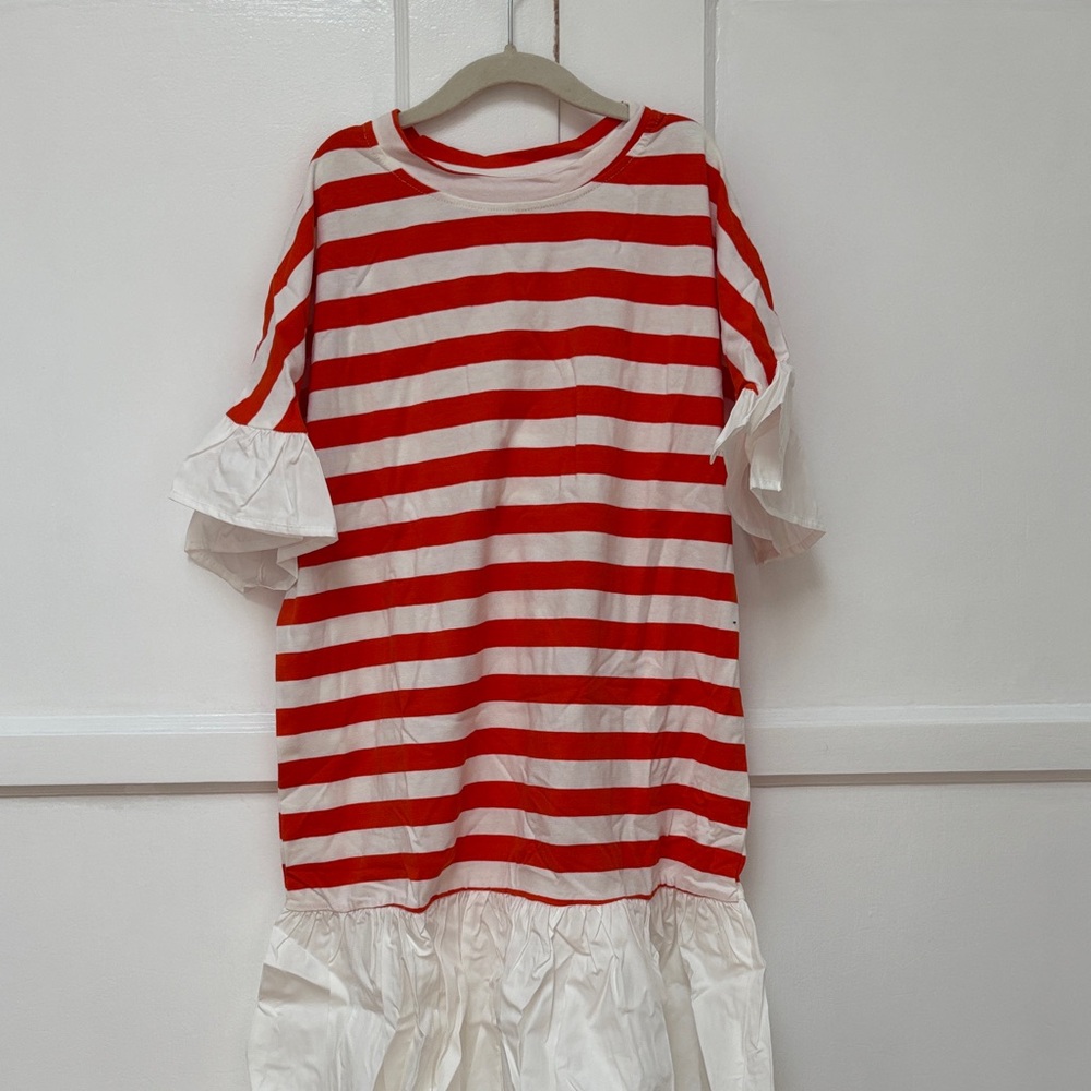 Redish orange and White Striped Dress with Ruffle Sleeves